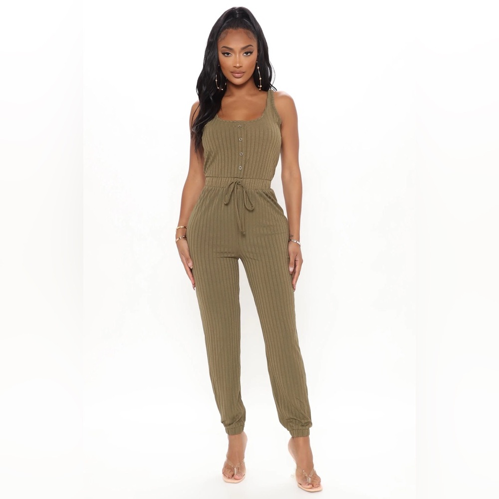 Ribbed Drawstring Jumpsuit in Olive
